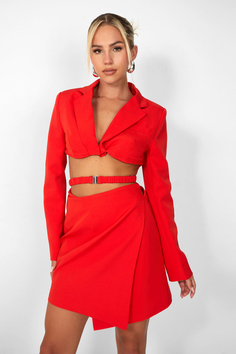 Kaiia Wrap Waist Mini Blazer Dress in Red