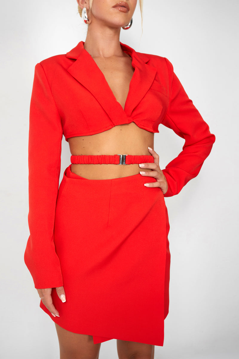 Kaiia Wrap Waist Mini Blazer Dress in Red