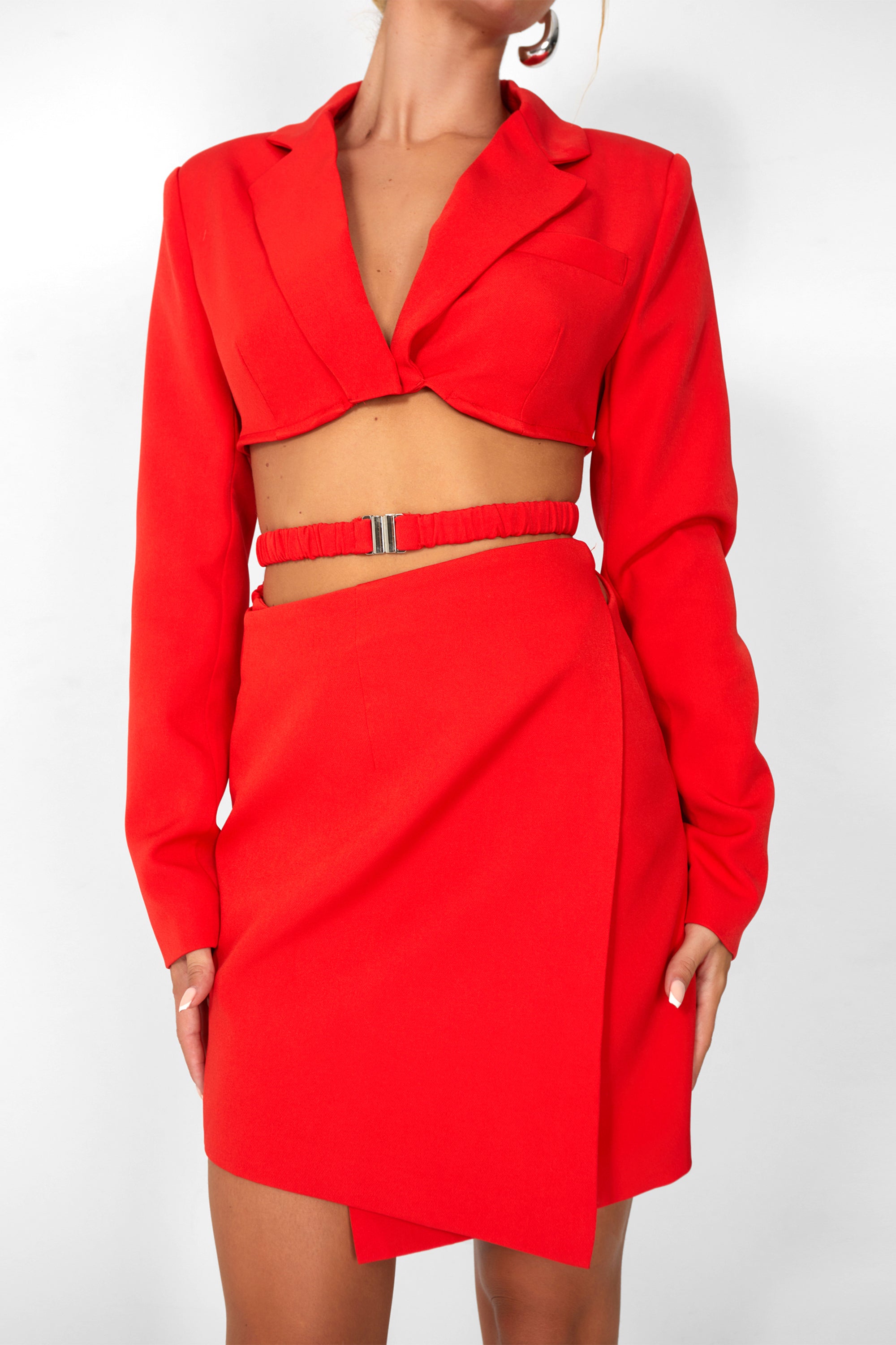 Kaiia Wrap Waist Mini Blazer Dress in Red