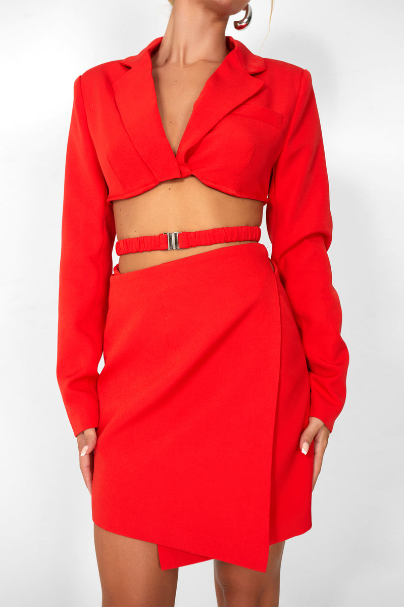 Kaiia Wrap Waist Mini Blazer Dress in Red