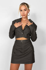 Kaiia Distressed Leather Look Cropped Blazer Co-ord in Brown