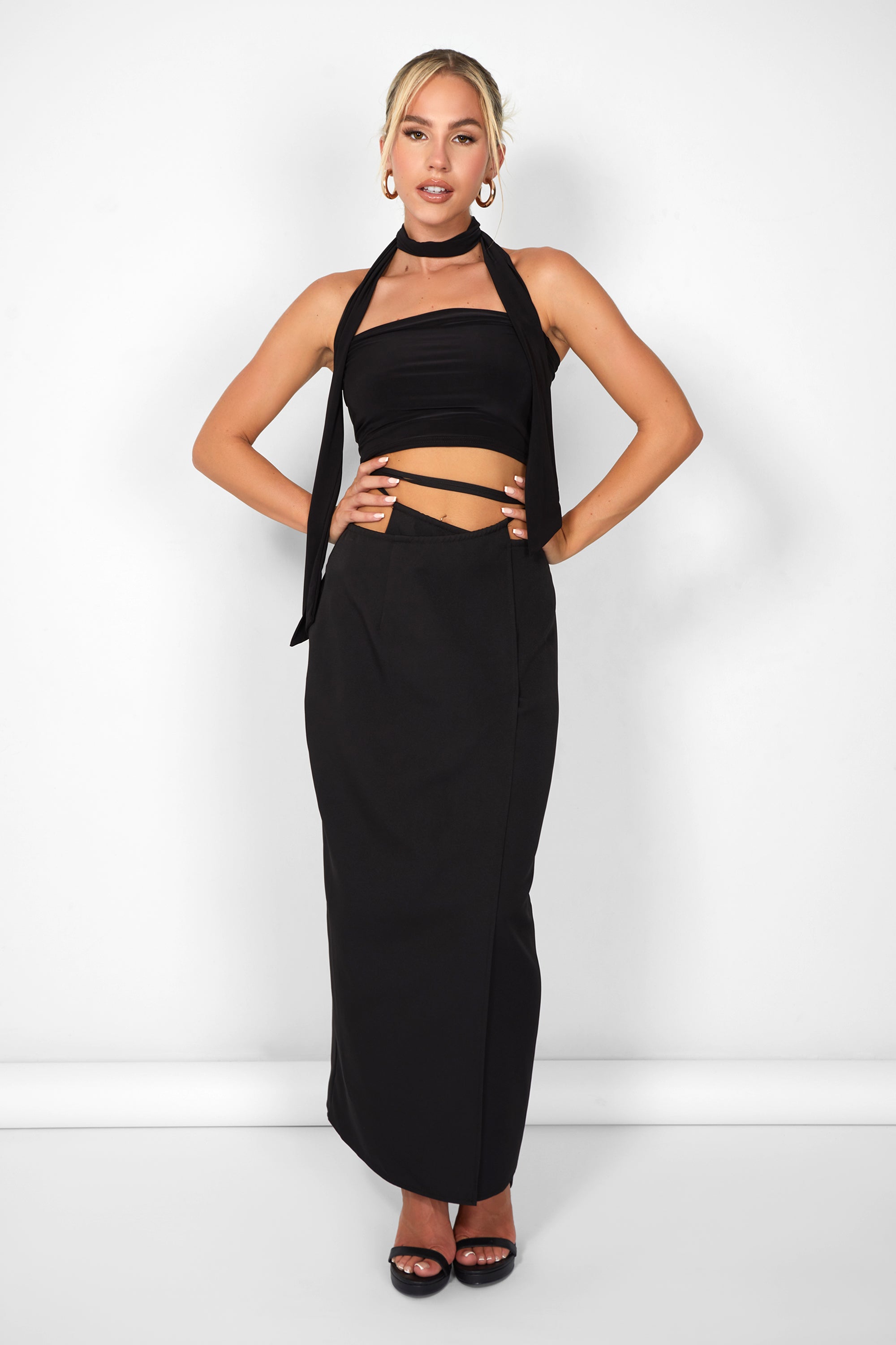 Kaiia Wrap Tie Side Maxi Skirt in Black