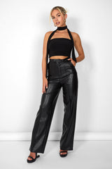 Kaiia Leather Look Wide Leg Trousers in Black