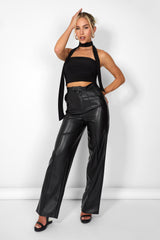 Kaiia Leather Look Wide Leg Trousers in Black