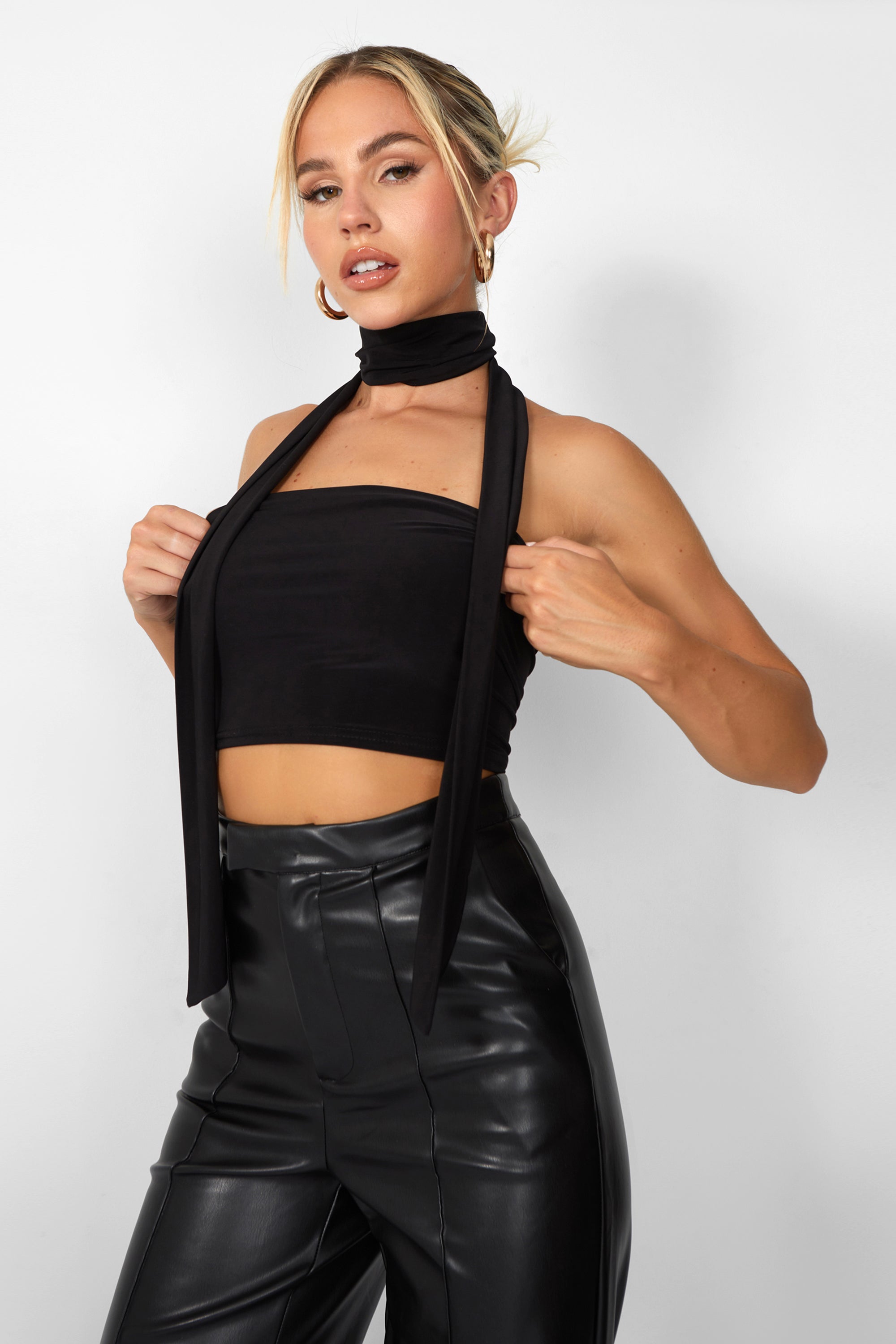 Kaiia Slinky Bandeau Top With Skinny Scarf in Black