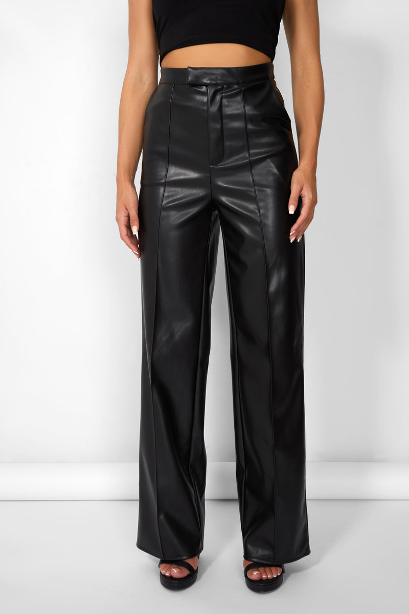 Kaiia Leather Look Wide Leg Trousers in Black