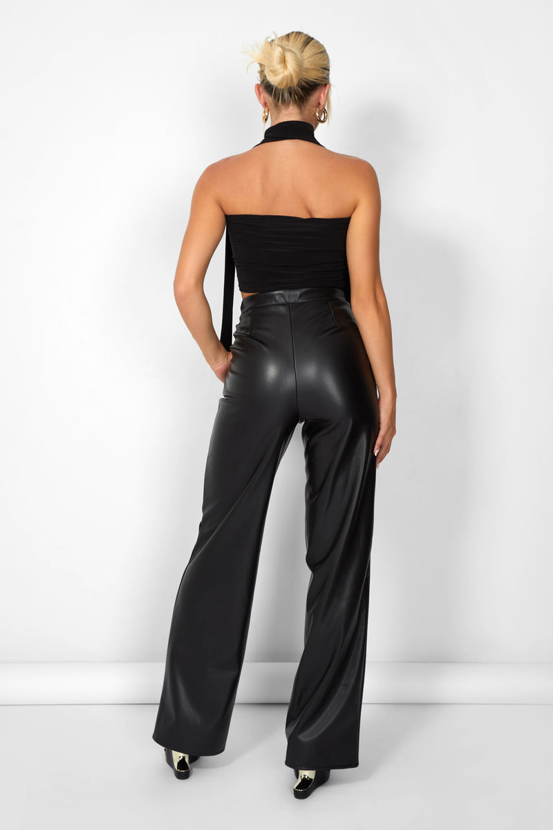 Kaiia Leather Look Wide Leg Trousers in Black