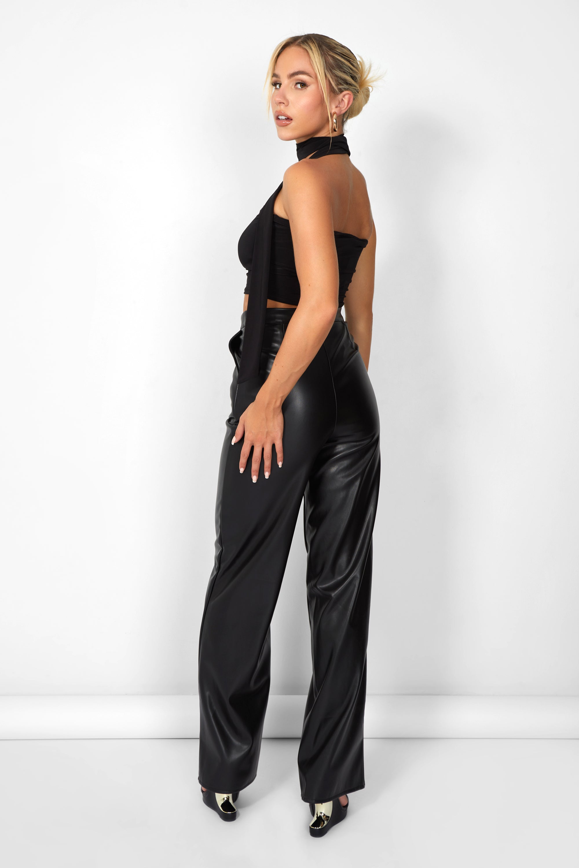 Kaiia Leather Look Wide Leg Trousers in Black