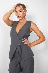 Kaiia Strap Detail Waistcoat in Charcoal Grey