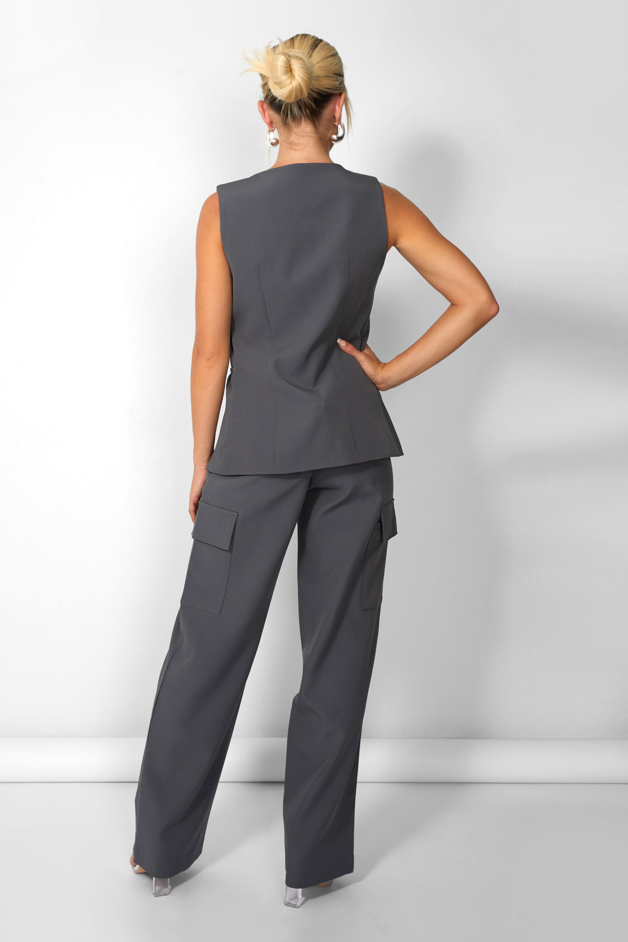 Kaiia Strap Detail Waistcoat in Charcoal Grey