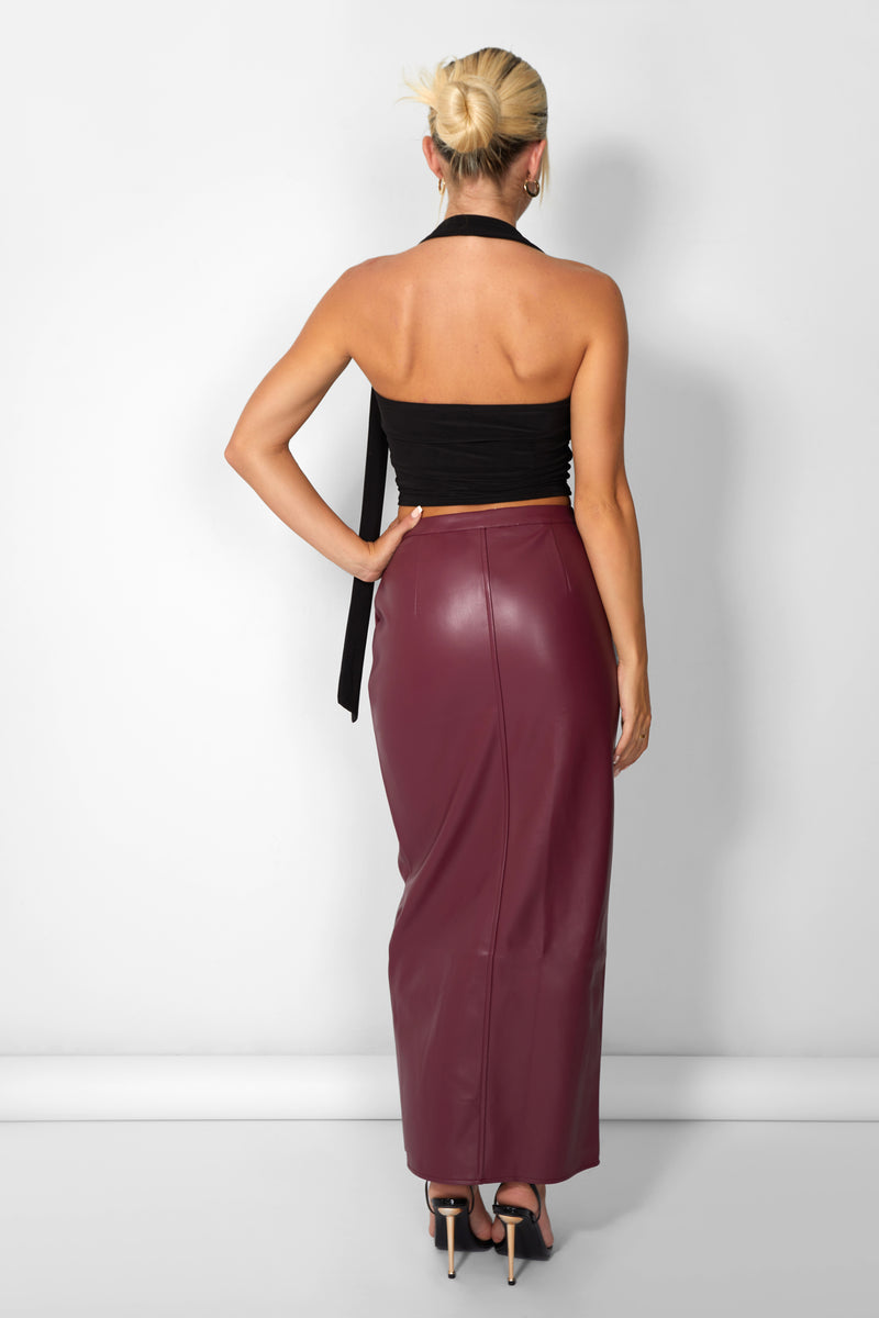 Kaiia Leather Look Maxi Skirt in Burgundy