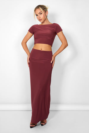 Kaiia Slinky Low Back Top Co-ord in Burgundy