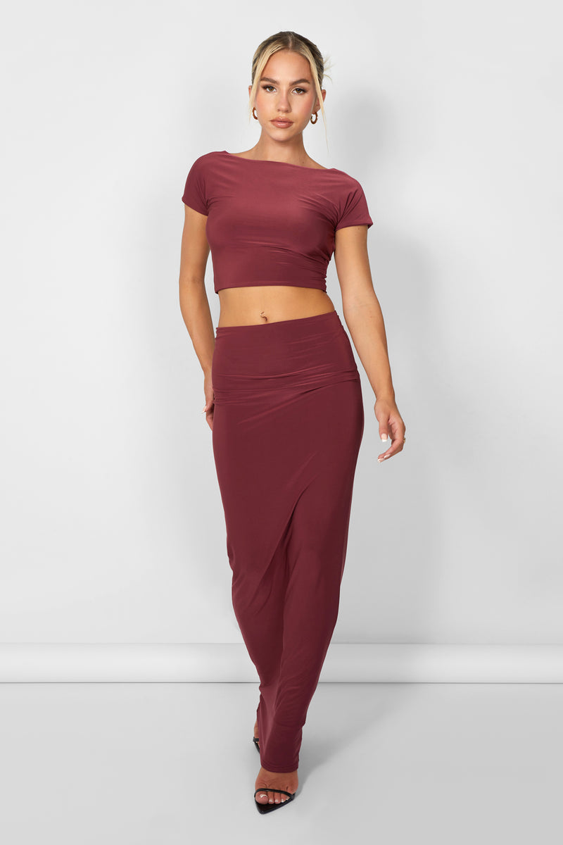 Kaiia Slinky Column Maxi Skirt Co-ord in Burgundy