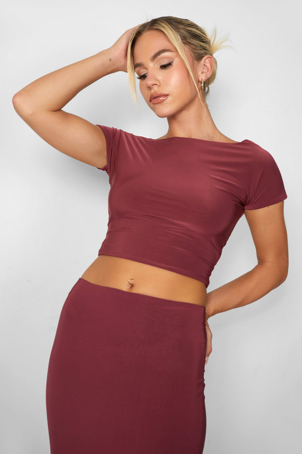 Kaiia Slinky Low Back Top Co-ord in Burgundy