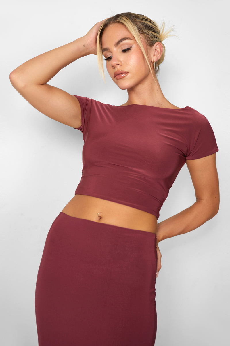 Kaiia Slinky Column Maxi Skirt Co-ord in Burgundy