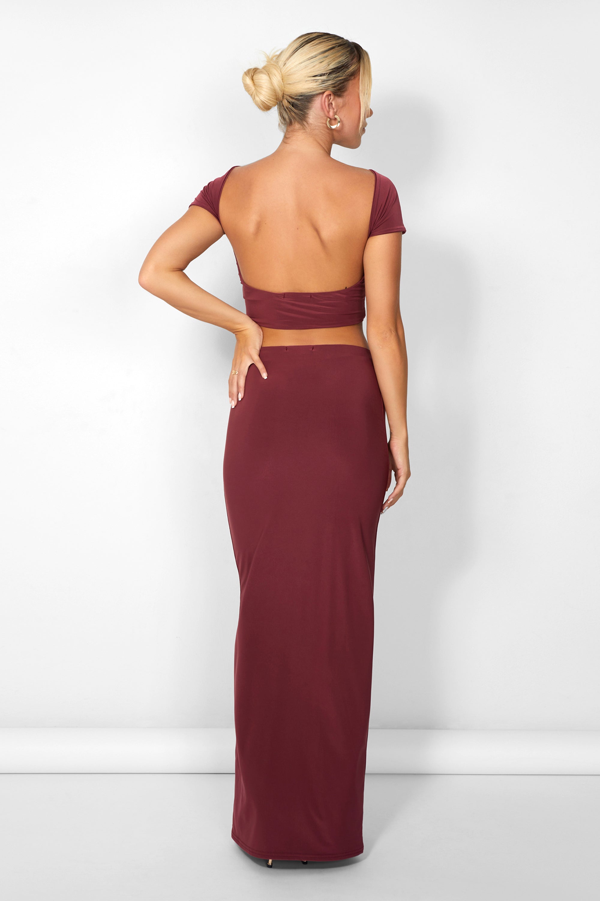 Kaiia Slinky Column Maxi Skirt Co-ord in Burgundy