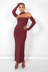 Kaiia Slinky Choker Bodycon Midi Dress in Burgundy