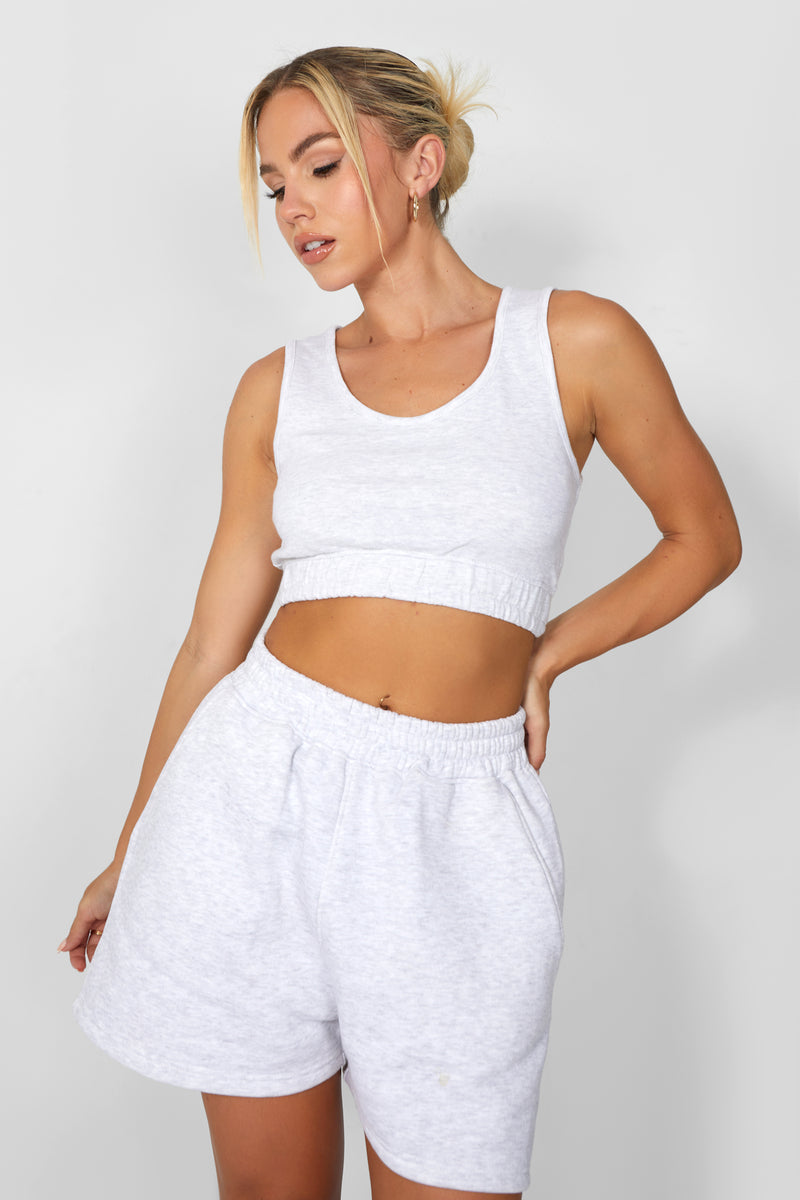 ELASTICATED WAIST SWEAT SCOOP NECK CROP TOP OATMEAL MARL