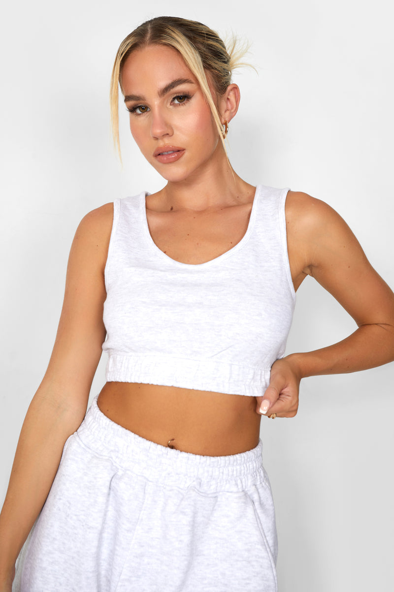 ELASTICATED WAIST SWEAT SCOOP NECK CROP TOP OATMEAL MARL