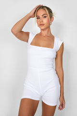 Square Neck Ribbed Playsuit White