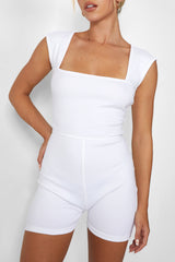 Square Neck Ribbed Playsuit White