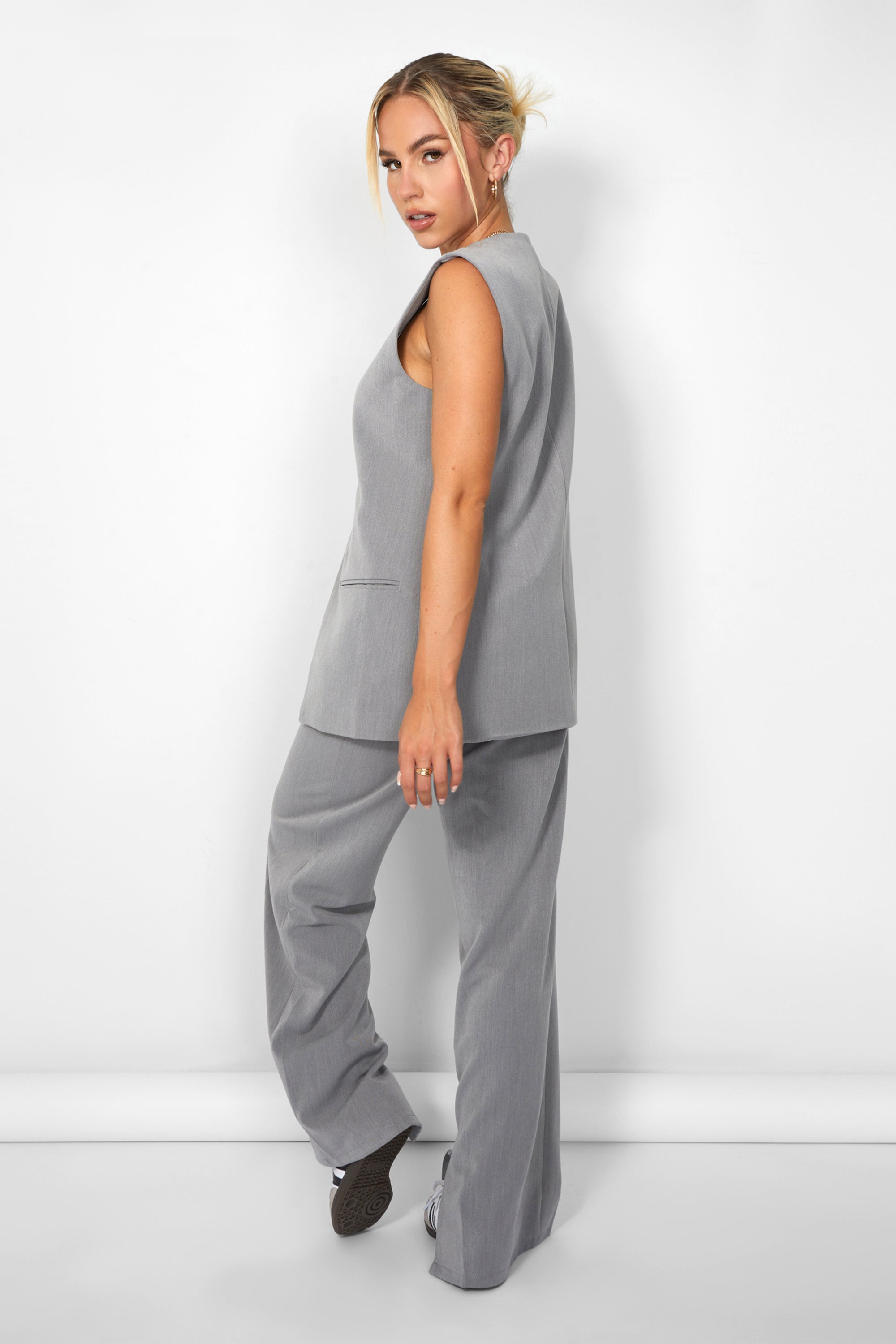 Kaiia Tailored Button Detail Longline Top Co-ord in Grey