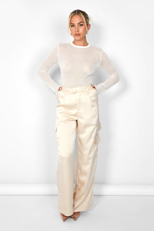 Kaiia Satin Wide Leg Cargos in Beige