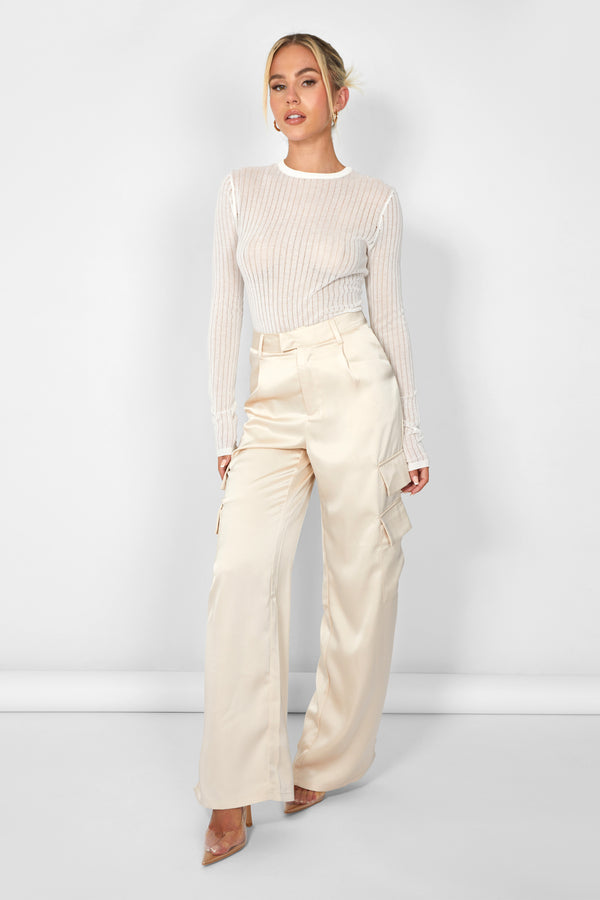 Kaiia Satin Wide Leg Cargos in Beige