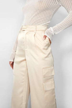 Kaiia Satin Wide Leg Cargos in Beige