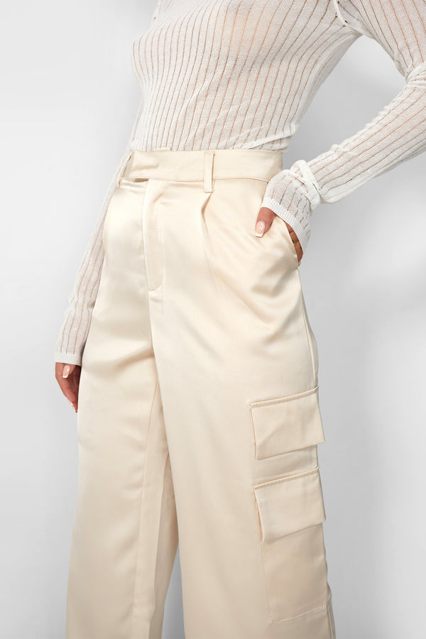 Kaiia Satin Wide Leg Cargos in Beige
