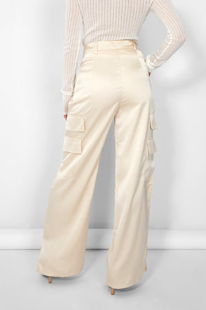 Kaiia Satin Wide Leg Cargos in Beige