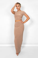 Kaiia Slinky Maxi Skirt Co-ord in Taupe