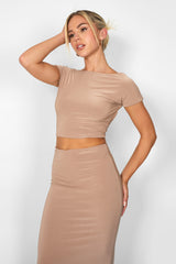 Kaiia Low Back Slinky Crop Top Co-ord in Taupe