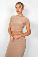 Kaiia Low Back Slinky Crop Top Co-ord in Taupe