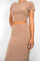 Kaiia Slinky Maxi Skirt Co-ord in Taupe