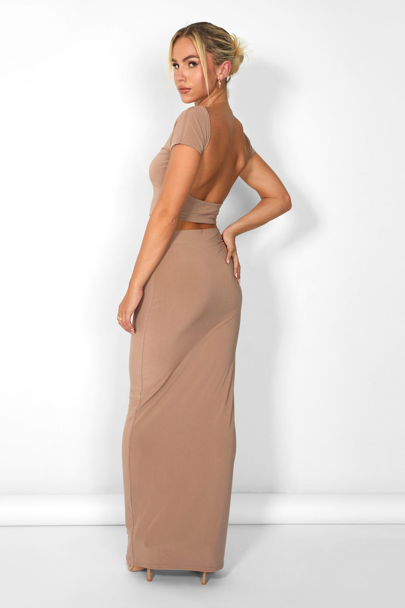 Kaiia Low Back Slinky Crop Top Co-ord in Taupe