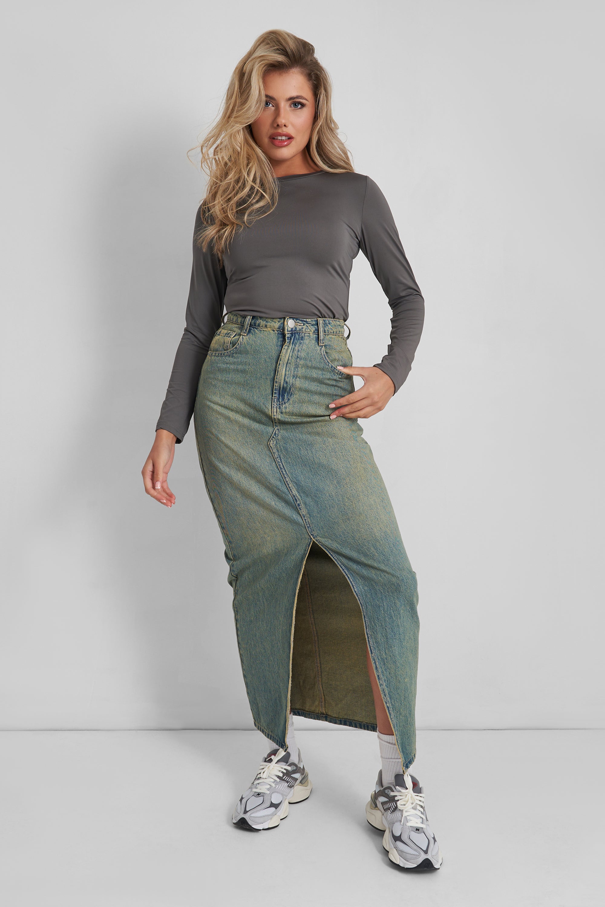 Front Split Maxi Denim Skirt 1a4 Denim Medium