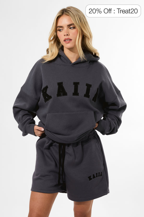 Kaiia Slogan Oversized Hoodie Dark Grey