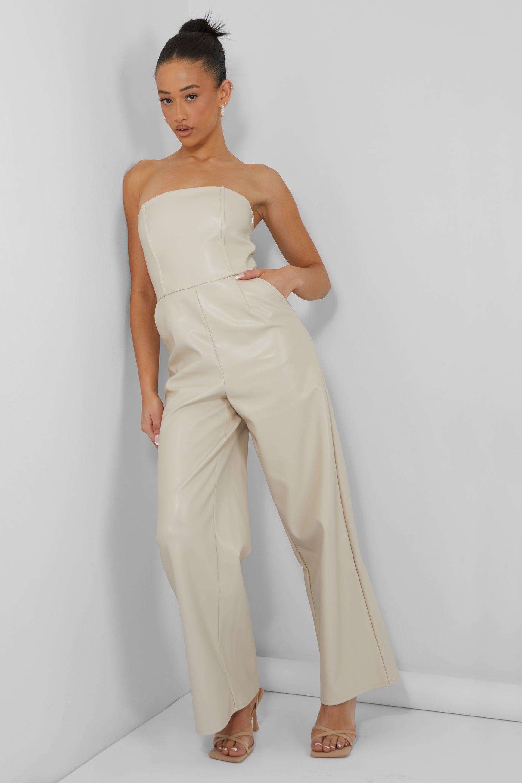 Bandeau Tailored Wide Leg Jumpsuit Stone