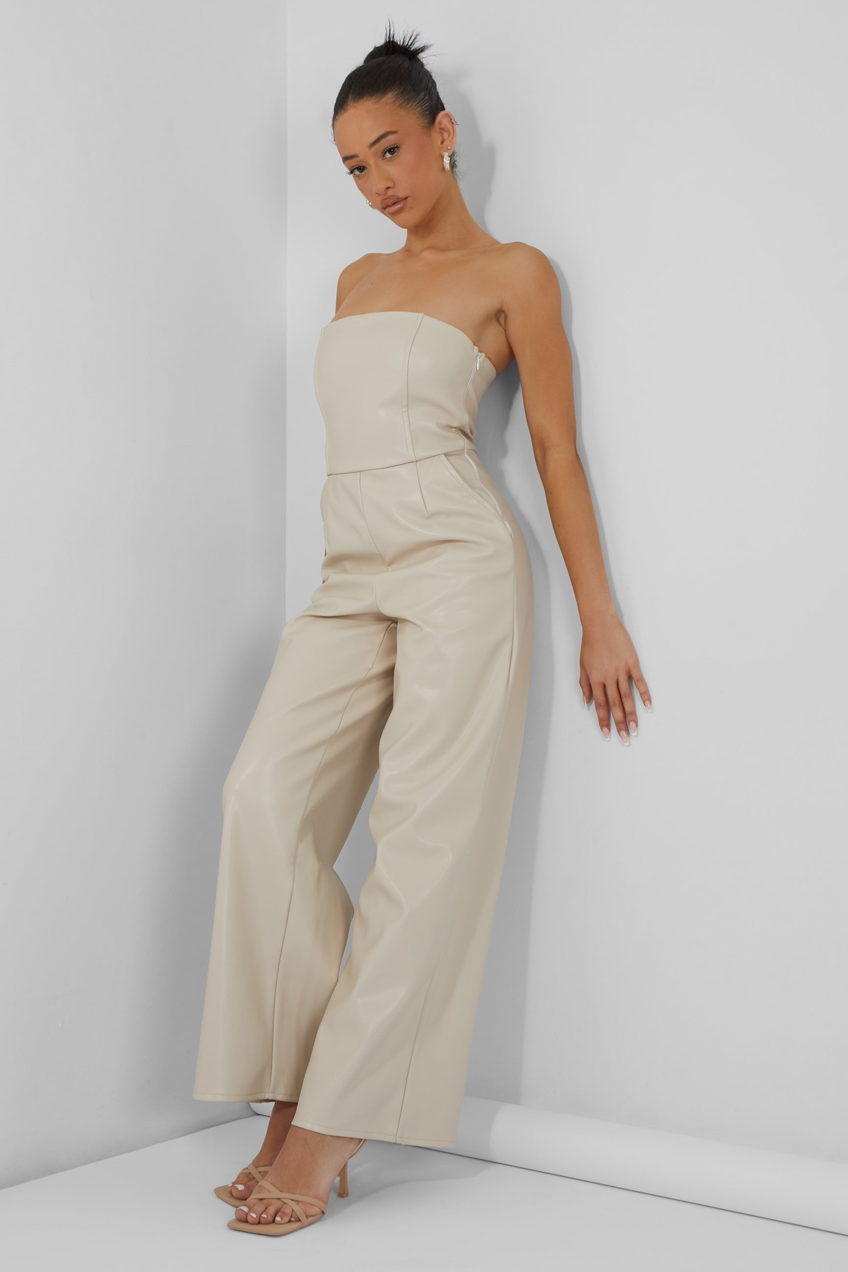 Bandeau Tailored Wide Leg Jumpsuit Stone