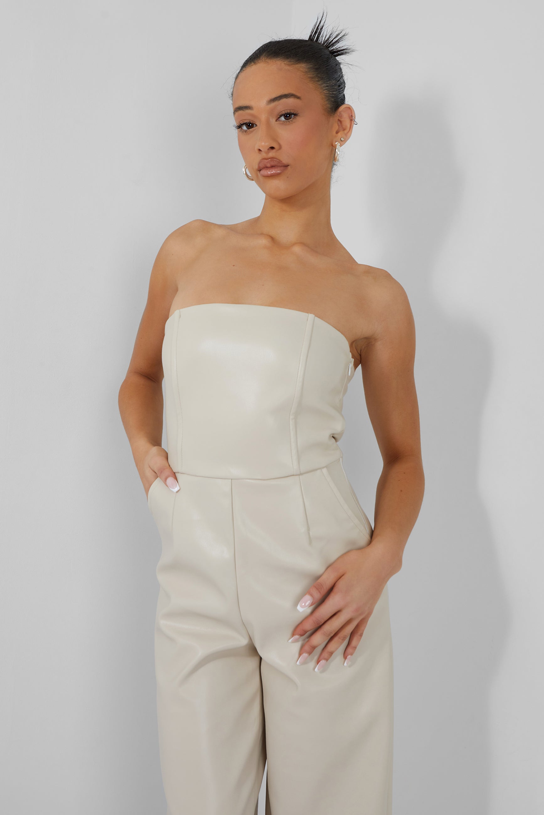 Bandeau Tailored Wide Leg Jumpsuit Stone