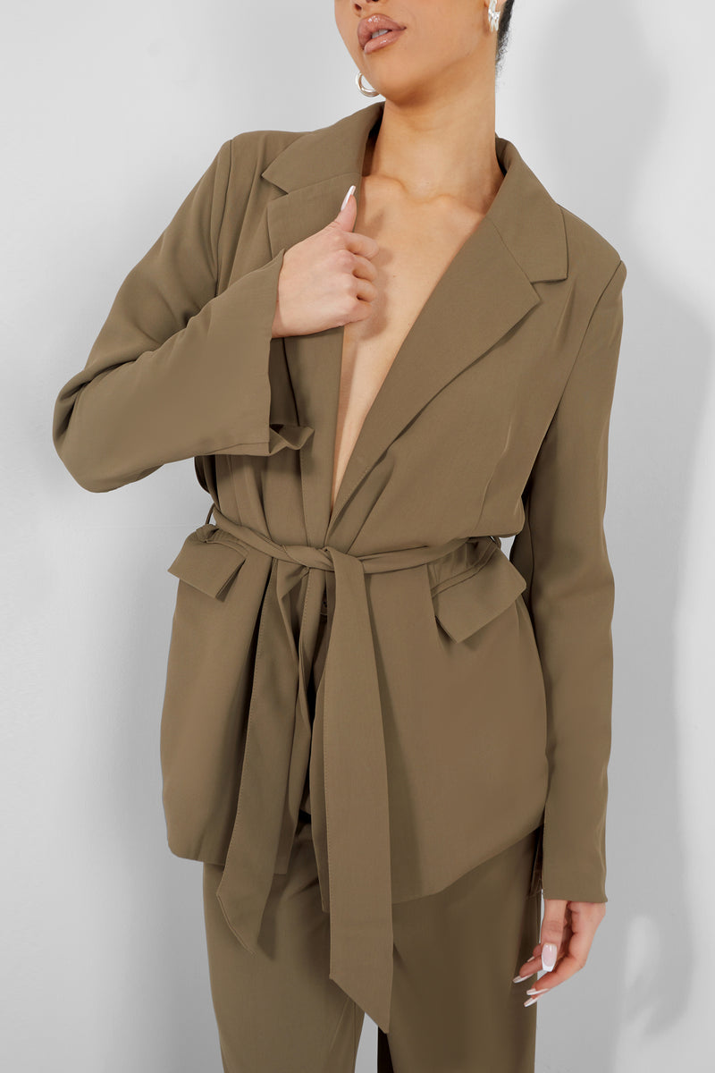 Tie Waist Blazer Khaki