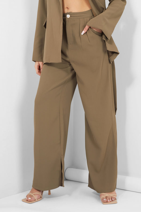 SPLIT HEM WIDE LEG TAILORED TROUSERS KHAKI