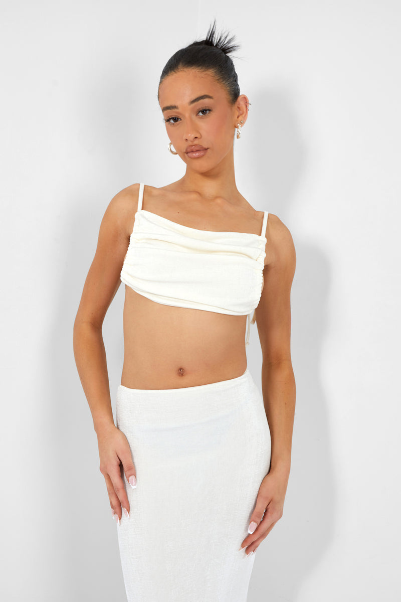 SLINKY RUCHED SIDE CROP TOP ECRU