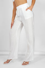 CRINKLE ELASTICATED WAIST WIDE LEG TROUSERS WHITE