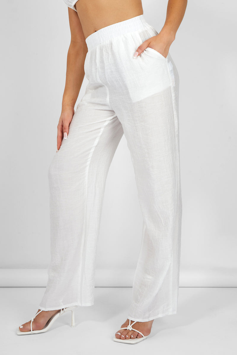 CRINKLE ELASTICATED WAIST WIDE LEG TROUSERS WHITE