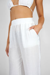 CRINKLE ELASTICATED WAIST WIDE LEG TROUSERS WHITE