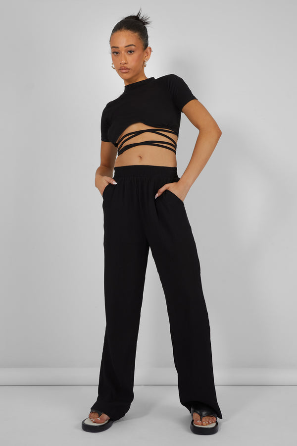 CRINKLE ELASTICATED WAIST WIDE LEG TROUSERS BLACK