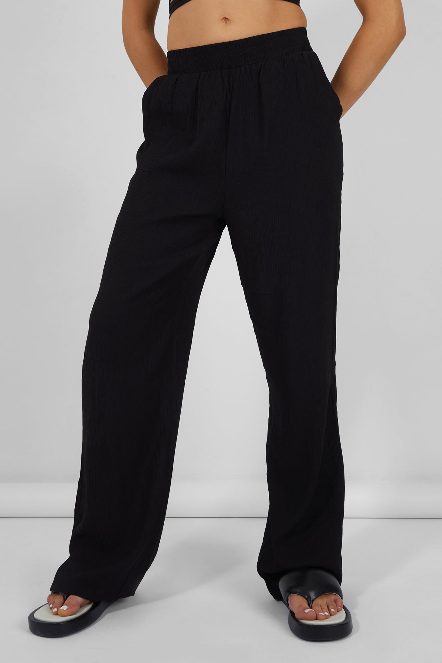 CRINKLE ELASTICATED WAIST WIDE LEG TROUSERS BLACK