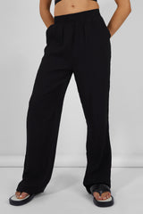 CRINKLE ELASTICATED WAIST WIDE LEG TROUSERS BLACK